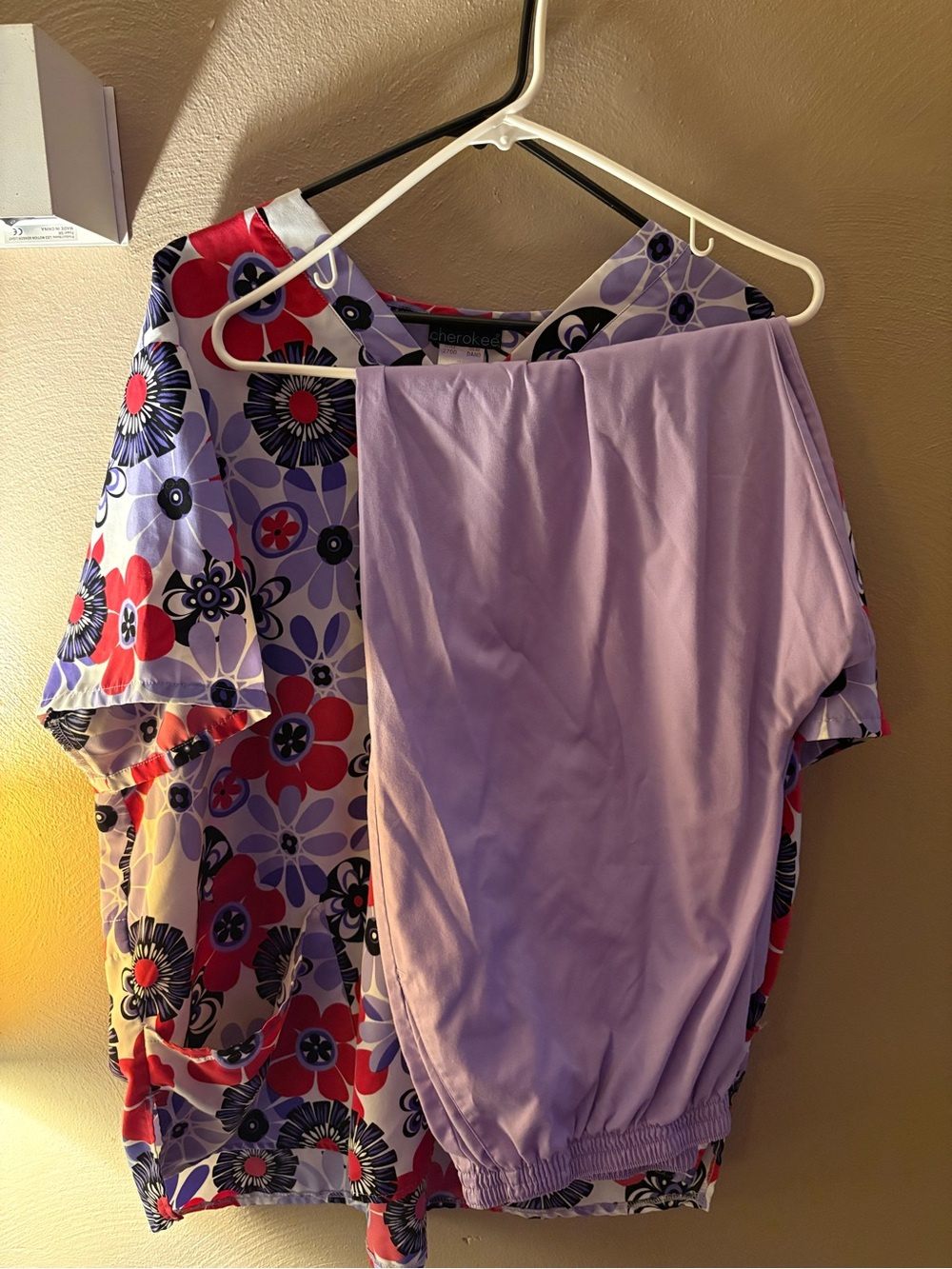Cherokee Lavender and Red Floral Wide Leg Scrub Pants Set